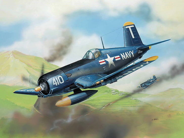 the plane, fighter, art, USA, BBC, Corsair, deck, WW2., F4U-5, HD wallpaper