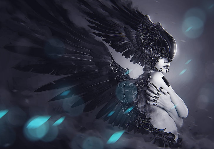postać kobiety z czarnym skrzydłem, walkirie, skrzydła, sztuka fantasy, grafika, Tapety HD
