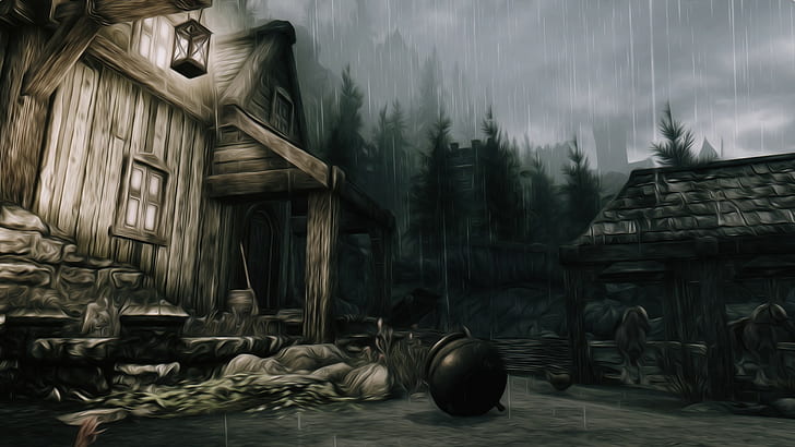 Skyrim Elder Scrolls Rain HD, brown wooden house painting, video games, rain, skyrim, elder, scrolls, HD wallpaper