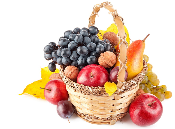 фрукты разных цветов с корзиной, фрукты, спелые, корзина, HD обои