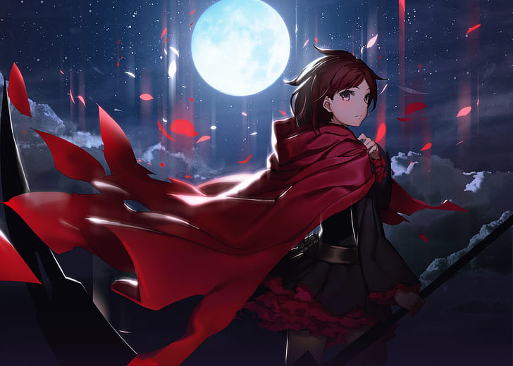rwby, ruby rose, cape, moon, leaves, scythe, Anime, HD wallpaper