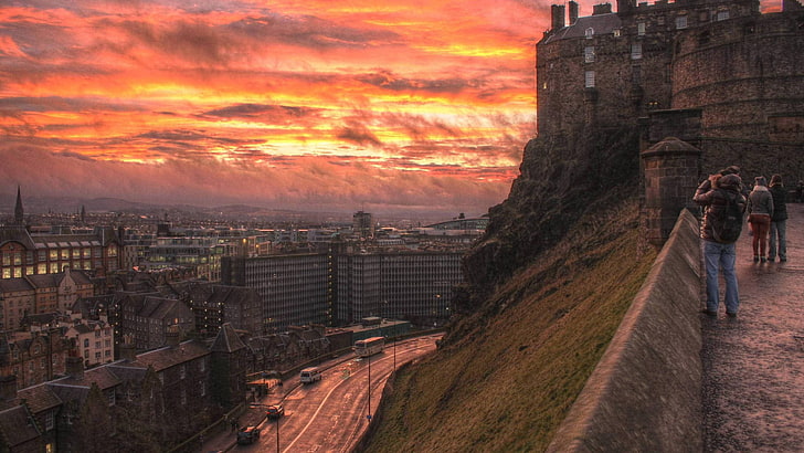 betongkonstruktioner, himmel, stad, solnedgång, Edinburgh, Skottland, byggnad, arkitektur, HDR, Storbritannien, slott, HD tapet