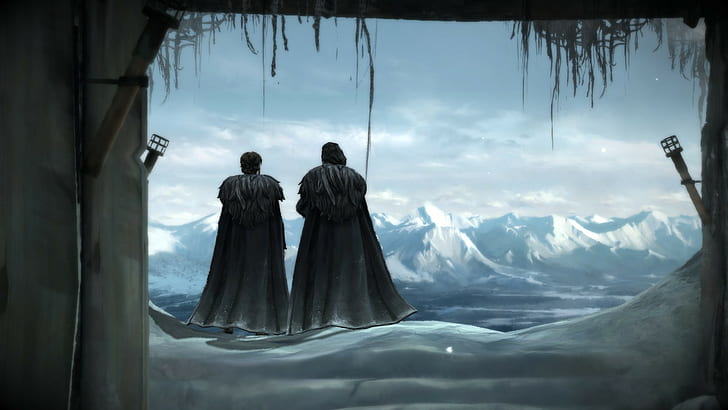 Zwei Männer stehen auf dem digitalen Hintergrundbild der Alpen, Game of Thrones: Eine verräterische Spieleserie, Game of Thrones, HD-Hintergrundbild