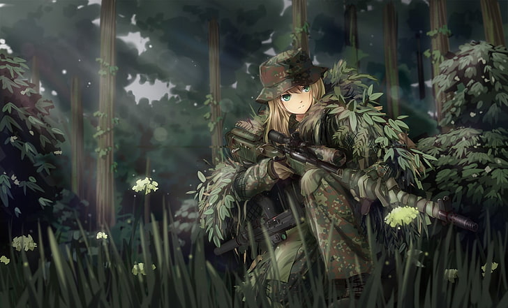 brown haired woman illustration, TC1995, anime, anime girls, original characters, military, weapon, camouflage, ghillie suit, sniper rifle, gun, MP7, forest, soldier, fantasy art, manga, HD wallpaper