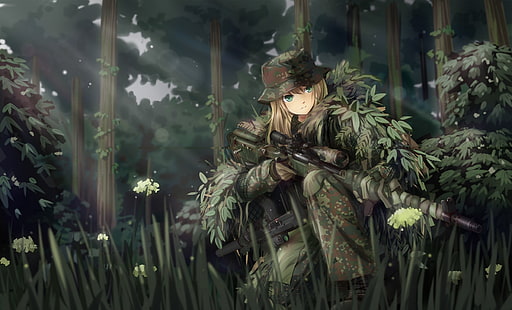 brown haired woman illustration, TC1995, anime, anime girls, original characters, military, weapon, camouflage, ghillie suit, sniper rifle, gun, MP7, forest, soldier, fantasy art, manga, HD wallpaper HD wallpaper