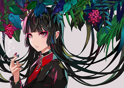 original characters, anime girls, long hair, cigarettes, collar, fruit, pointed ears, smoking, black hair, multi-colored eyes, nail polish, simple background, white background, smoke, looking at viewer, parted lips, suits, choker, chains, HD wallpaper HD wallpaper