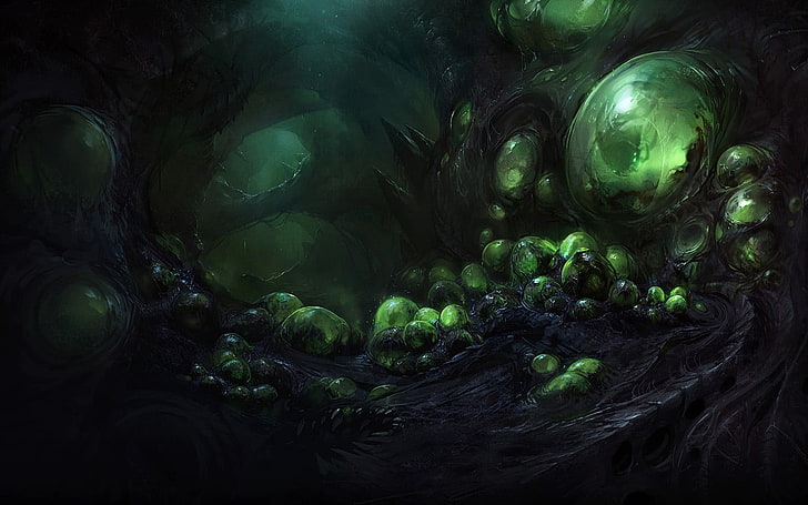 Fondo de pantalla digital de huevo monstruo verde y negro, Zerg, StarCraft II: Heart Of The Swarm, colmena, huevos, Fondo de pantalla HD