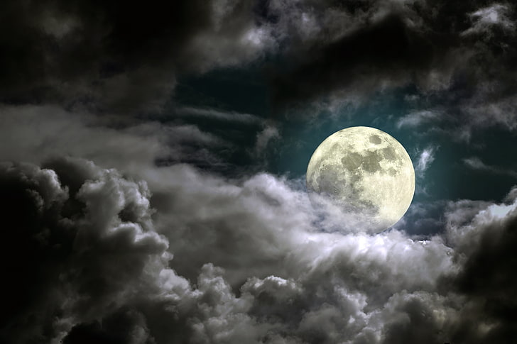 luna piena, cielo, chiaro di luna, cielo, luna piena, notte nuvolosa, Sfondo HD