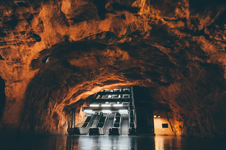 subway, ladders, staircase, cave, Stockholm metro, metro, HD wallpaper