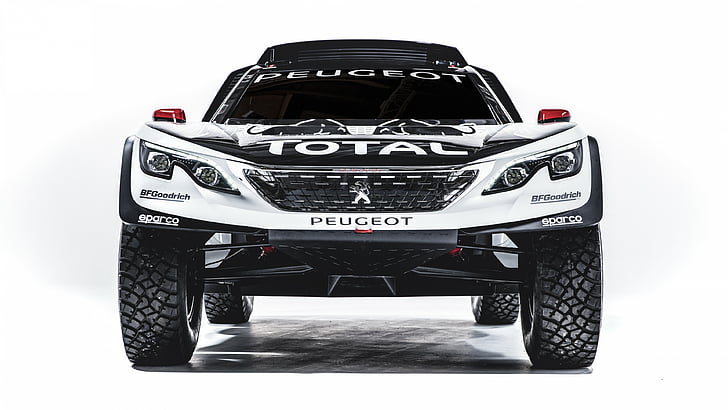 white and black Peugeot car front-end, Peugeot 3008 DKR, Paris Auto Show 2016, Dakar challenge, rally, HD wallpaper