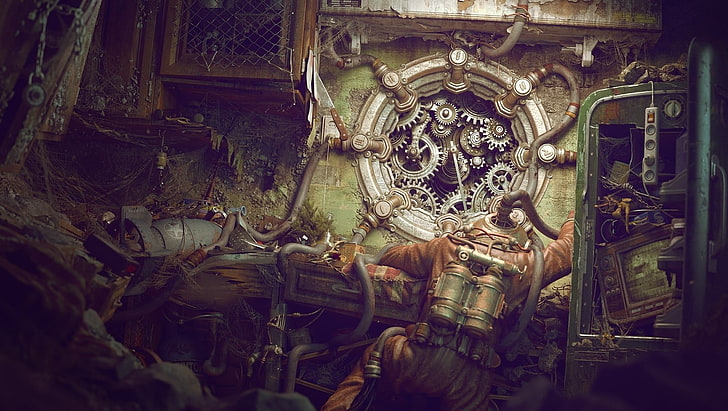 man with orange suit wallpaper, steampunk, old, machine, fantasy art, gray, bombs, artwork, divers, HD wallpaper
