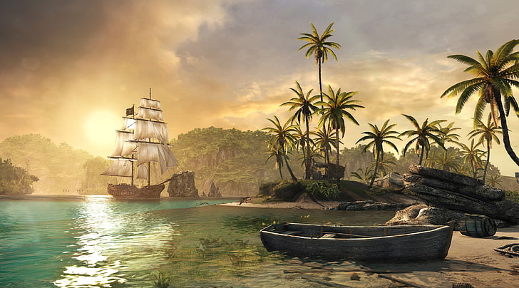 Assassins Creed IV Черно знаме, кафяво дървено кану, Игри, Assassin's Creed, HD тапет