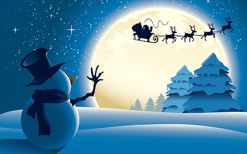 Праздник, Рождество, Северный олень, Санта, Сани, Снеговик, HD обои HD wallpaper