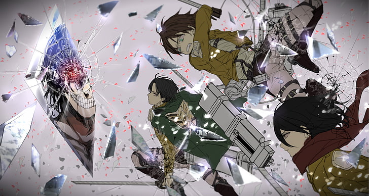 animated Attack on Titans wallpaper, Shingeki no Kyojin, Mikasa Ackerman, Eren Jeager, Levi Ackerman, HD wallpaper