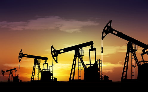 Oil industry, silhouettes, oil rigs, night, silhouette of four cranes, Oil, Industry, Silhouettes, Rigs, Night, HD wallpaper HD wallpaper