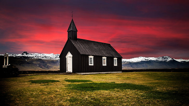 church, black church, sunset, landscpae, budir church, iceland, field, dusk, pink sky, red sky, HD wallpaper