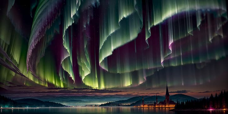 aurorae, Islanda, notte, lago Agnes, fiume, paesaggio urbano, Sfondo HD