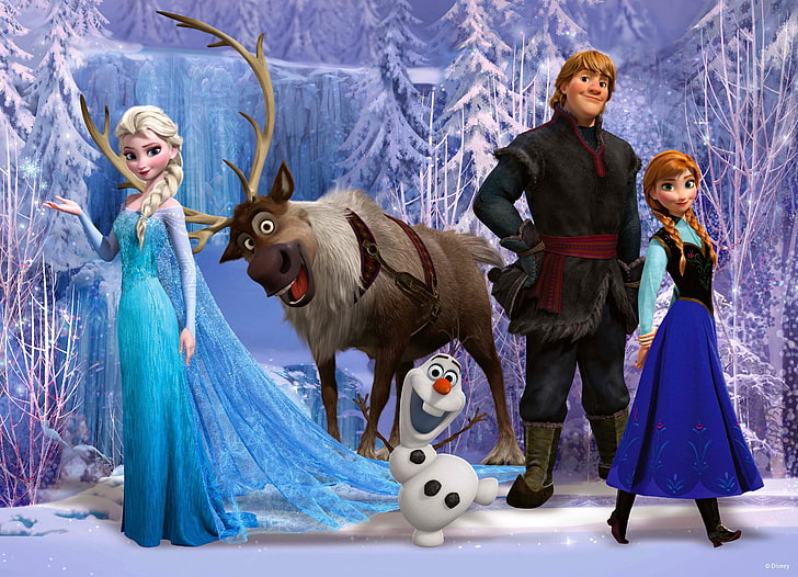 Disney Frozen illustration, snow, snowflakes, ice, deer, snowman, Frozen, Princess, Anna, Queen, animation, Walt Disney, Elsa, Cold Heart, Olaf, Hans, Kristoff, Arendelle, Arundel, Sven, HD wallpaper