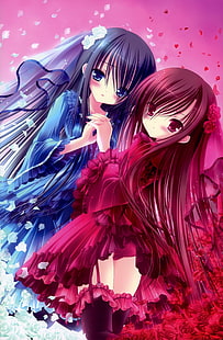 anime, biru, gaun, mata, mode, bunga, gadis, rambut, ilustrasi, , lolita, kelopak, merah, gadis berambut merah, celana ketat, tinkle, Wallpaper HD HD wallpaper