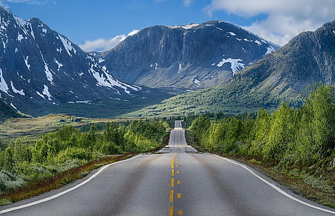 grå asfaltväg, natur, landskap, väg, berg, träd, snö, buskar, sommar, Norge, HD tapet HD wallpaper