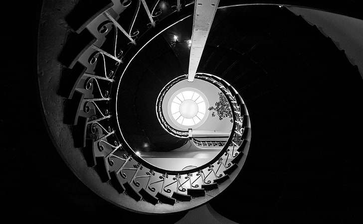 Looking Up The Staircase at Carnegie Centre,..., grayscale photo of spiral stair, Black and White, Vancouver, Spiral, Staircase, british columbia, bw, looking up, Carnegie, carnegie centre, HD wallpaper