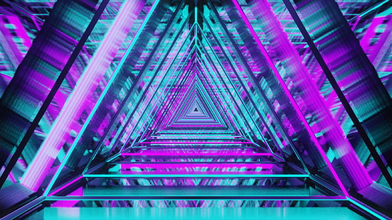 цифров, неонов, триъгълник, светещ, светлини, HD тапет HD wallpaper