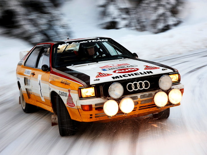 оранжево-белый Audi Rally Car, Audi, Снег, Скорость, Свет, Автомобиль, Quattro, Обои, Ралли, Группа B, Обои, Cuatro, HD обои