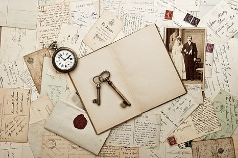 two gray steel skeleton keys and pocket watch, retro, watch, book, photos, vintage, letters, brand, wax seal, HD wallpaper HD wallpaper