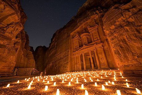 lote de velas brancas, o céu, estrelas, noite, luzes, iluminação, Peter, a cidade antiga, Jordânia, HD papel de parede HD wallpaper