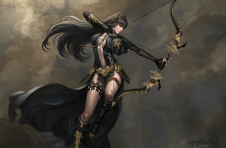 black-haired female holding bow character wallpaper, women, bow, arrows, archery, fantasy art, archer, Arrow, artwork, HD wallpaper