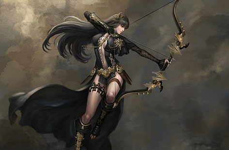 black-haired female holding bow character wallpaper, women, bow, arrows, archery, fantasy art, archer, Arrow, artwork, HD wallpaper HD wallpaper