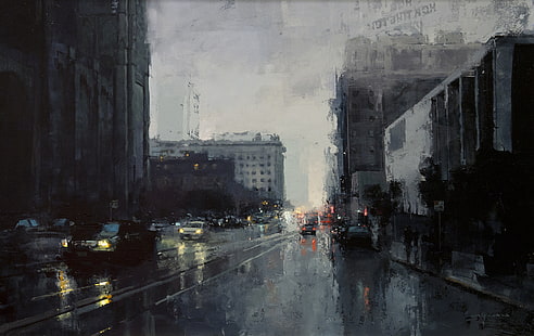 camino de hormigón gris, lluvia, carretera, coche, ciudad, obra de arte, impresionismo moderno, pintura, Fondo de pantalla HD HD wallpaper