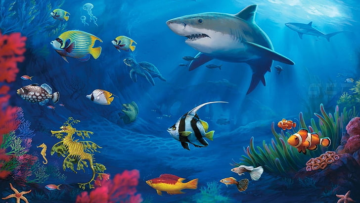 tiburones, peces, marino, arte de fantasía, peces, fauna, submarino, peces de arrecife de coral, arrecife de coral, agua, pintura, Fondo de pantalla HD