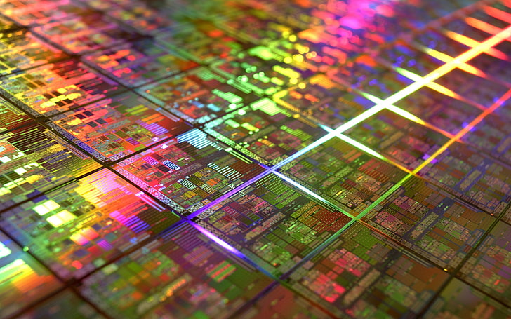 PCB, technology, IT, gold, DIE, microchip, geometry, photography, colorful, CPU, HD wallpaper