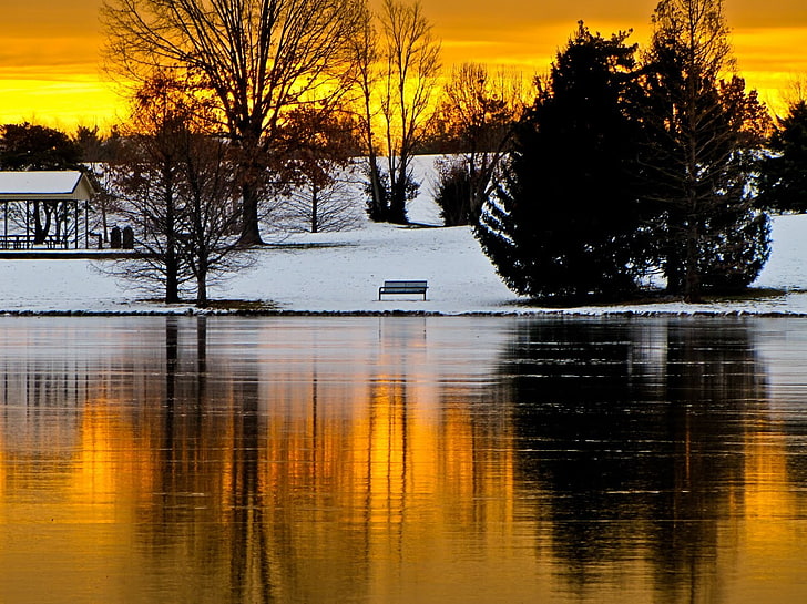 sunsets clouds landscapes winter snow trees bench scenic lakes skyscapes 1600x1198  Nature Lakes HD Art , Clouds, sunsets, HD wallpaper