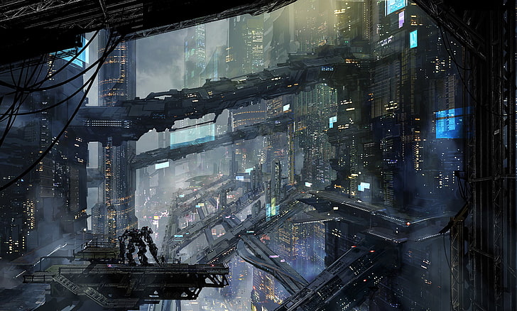 arte digital, trabalho artístico, paisagem, paisagem urbana, futurista, ficção científica, cyberpunk, robôs, metrópole, tecnologia, robô, urbano, cidade, HD papel de parede
