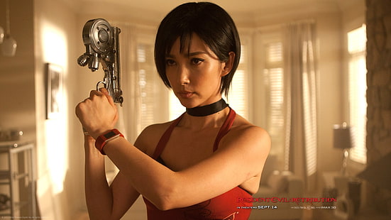 филми, Resident Evil: Retribution, ada wong, Li Bingbing, чокър, азиатски, жени, брюнетка, къса коса, пистолет, поглед встрани, HD тапет HD wallpaper