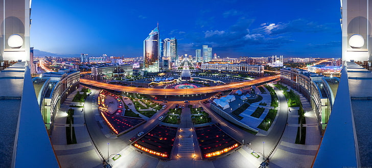 회색 고층 건물 사진, 파노라마, 카자흐스탄, 아스타나, HD 배경 화면