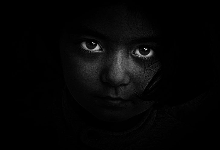 black and white, dark, eyes, girl, hidden, hiding, person, portrait, public domain images, HD wallpaper