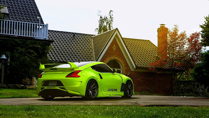green coupe park infront on the house, car, Nissan 370Z, vehicle, green cars, HD wallpaper