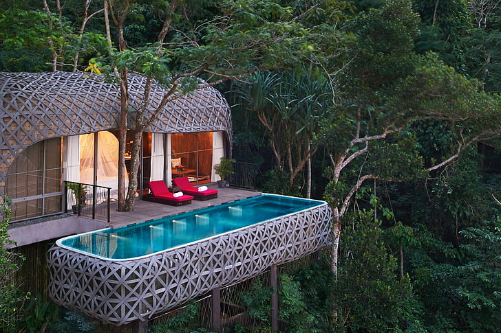 colchão de cama floral azul e branco, arquitetura, moderno, natureza, paisagem, casa, árvores, selva, Tailândia, floresta tropical, piscina, luzes, HD papel de parede