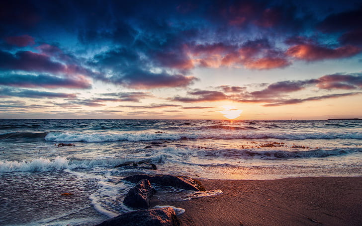 Hermosa costa amanecer, mar, olas, rocas, nubes, Hermosa, costa, salida del sol, mar, olas, rocas, nubes, Fondo de pantalla HD