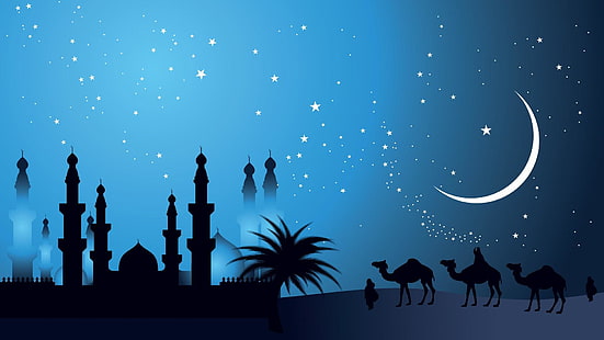 ilustrasi, masjid, muslim, arab, arab, gurun, tengah malam, grafis, ruang, ramadhan, bayangan hitam, bintang, kegelapan, islam, malam, bulan, unta, langit, Wallpaper HD HD wallpaper