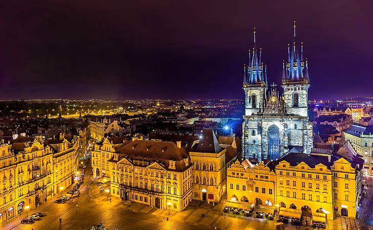 night, lights, building, home, Prague, Czech Republic, area, tower, temple, the view from the top, Palace, Old town square, Tyn Church, HD wallpaper