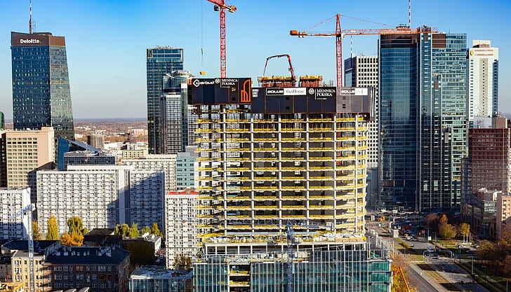 Poland, Warsaw, skyscraper, skyline, cityscape, cranes (machine), construction site, HD wallpaper