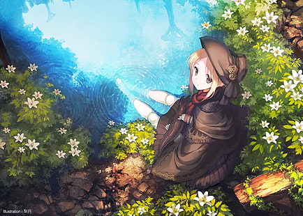 weibliche Anime-Figur am Teich, Anime, Anime Girls, Wasser, Natur, Originalfiguren, Bloodborne, HD-Hintergrundbild HD wallpaper