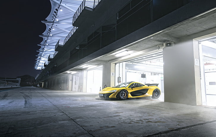 Amarelo, Supercarro, Garagem, Pista, McLaren P1, Yas Marina Circuit, HD papel de parede