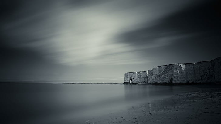 Coast of Reculver, England, seashore in grayscale photography, beaches, 2560x1440, coast, england, europe, reculver, united kingdom, HD wallpaper