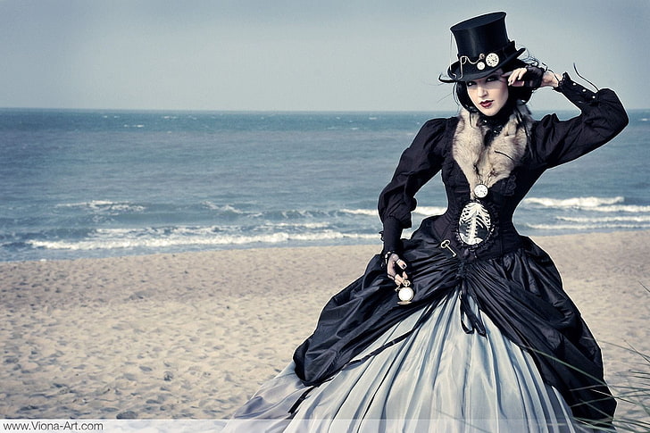 robe de bal à manches longues femme bi-shop noir et blanc et chapeau haut de forme rouge, mer, montre, plage, steampunk, Fond d'écran HD