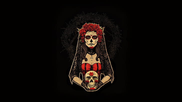 Dia de los Muertos, произведение искусства, женщины, череп, минимализм, рыжий, простой фон, HD обои